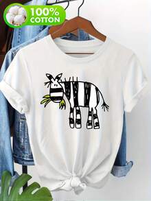 Camiseta 100% para mujer, camiseta divertida con estampado de cebra de dibujos animados y cuello redondo, camisa casual de verano para mujer, camiseta casual versátil. - Blanco - Ver 1