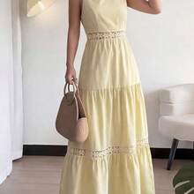 Vestido de mujer de verano con cuello redondo, sin mangas, con encaje en la cintura y bolsillo, elegante y romántico, adecuado para uso diario, citas y vacaciones - Cafetería - Ver 6