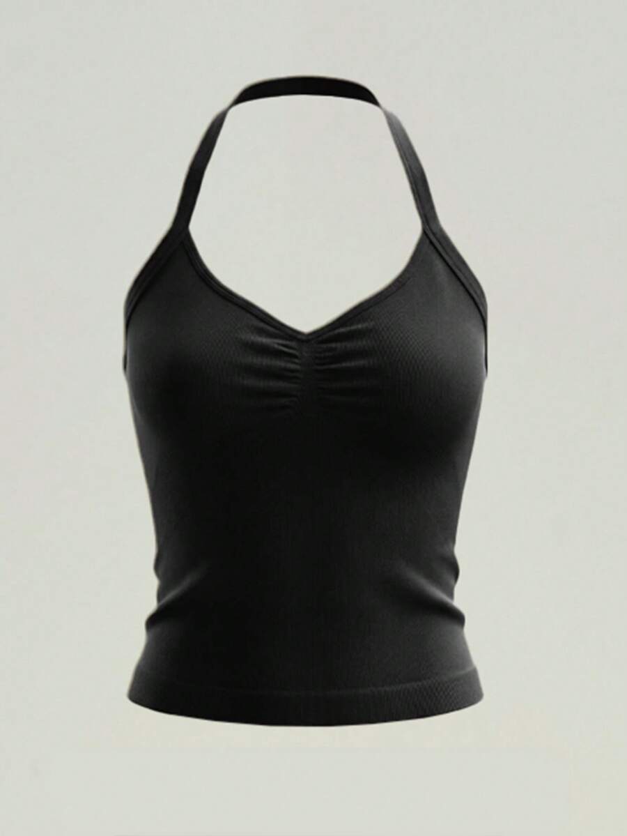 UONNOU 女款掛脖式前胸抓褶短版背心,高彈力無縫短款運動瑜伽內搭背心 - 黑色 - 查看 1