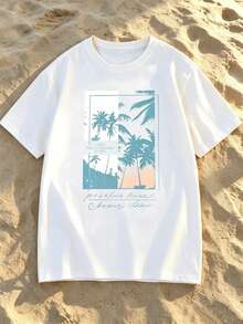 3 pc Conjunto de tres piezas de camiseta de manga corta holgada con cuello redondo y estampado retro de paisaje de coches y sol, unisex, cómodo adecuado para atuendos urbanos, hip-hop, - Blanco - Ver 2