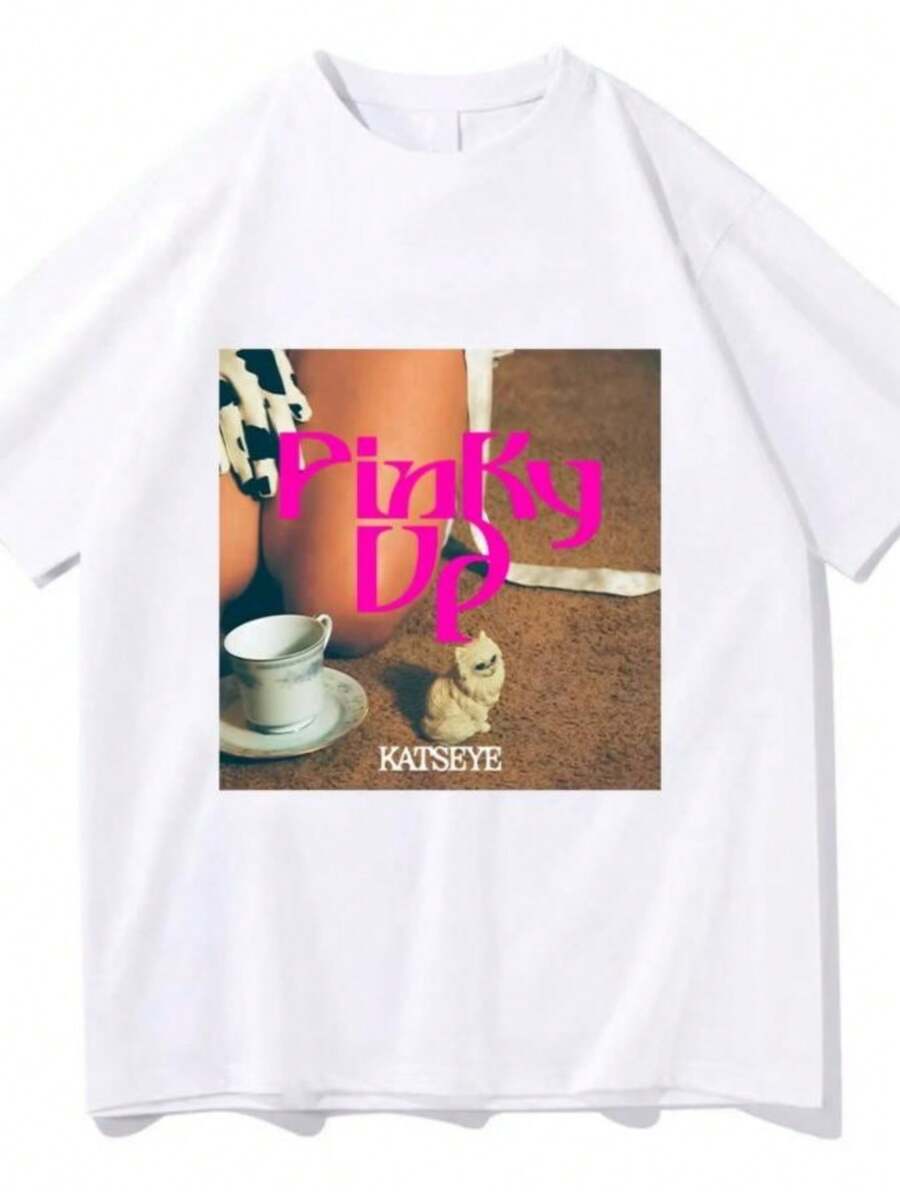 KATSEYE PINKY UP Graphic T Shirts Fashion Men Women O-Neck Short Sleeve Pure Cotton Casual Tees Hip Hop Casual Streetwear - 白色 - 查看 1