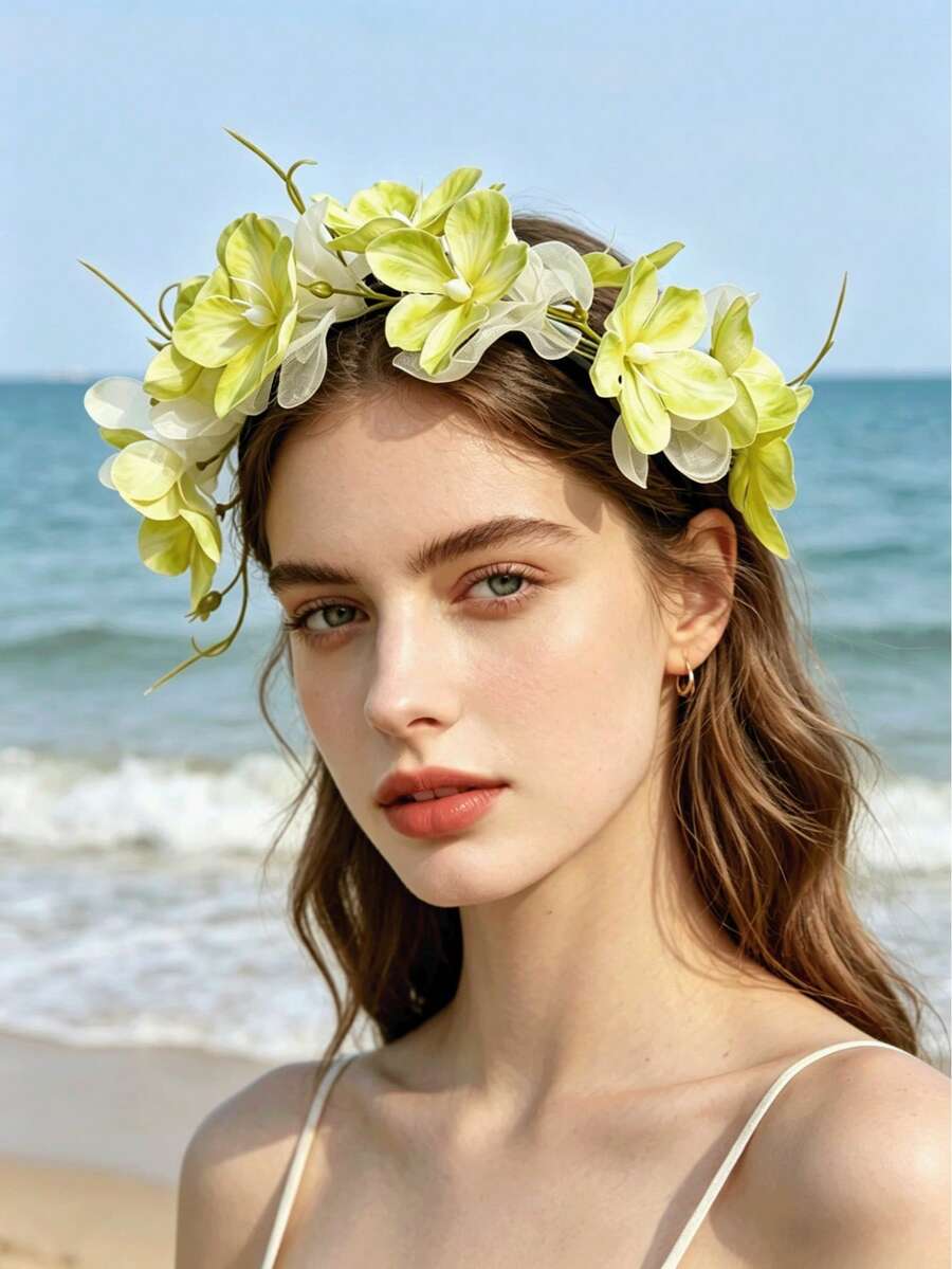 1件浪漫仿真繡球花髮箍,仙女風新娘婚禮攝影髮飾髮帶 - 黃綠 - 查看 1