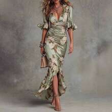 Women's Floral Print Satin Midi Dress, Ruched Bodycon Dress, High Slit Ruffle Hem Cocktail Dress, Elegant Evening Party Formal Dress, Fitted Floral Print Satin Party Dress - 綠色 - 查看 1
