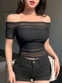 Women's One-Shoulder Sheer Stretch Mesh Blouse, Spring/Summer Off-The-Shoulder Style - 軍綠色 - 查看 2