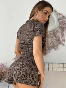 欧美风女式豹纹罗纹短袖短裤两件套睡衣套装，休闲简约圆领夏季家居服 - 棕色 - 查看 3