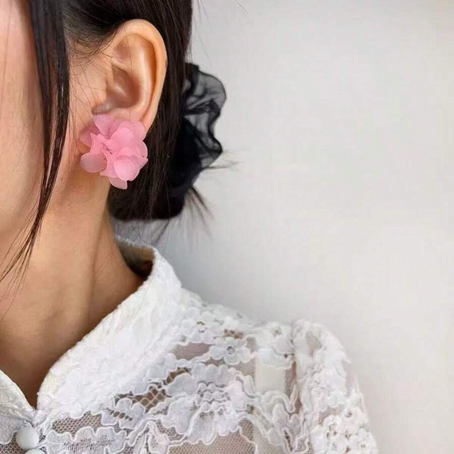 1 par de pendientes con diseño floral, elegantes y sofisticados, adecuados para atuendos de viaje y vacaciones - Rosa - Ver 1