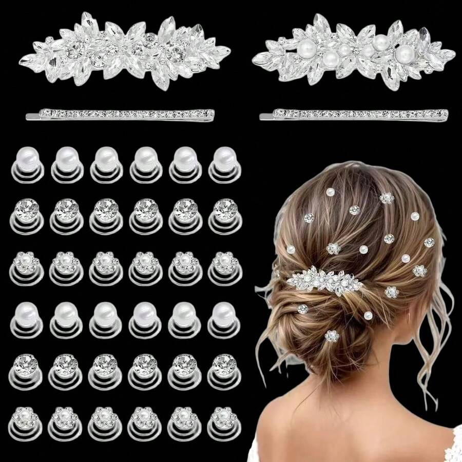 Juego de 40 piezas de pinzas de pelo con strass y cristal, incluye pinzas de pelo con flor de perla en espiral, adecuado para bodas, novias, bailes de graduación, fiestas y ocasiones especiales (strass & perla & flor), pinzas de pelo, garras de pelo, horquillas de pelo, accesorios para el cabello, útiles escolares, pinzas para el cabello - Plateado - Ver 1