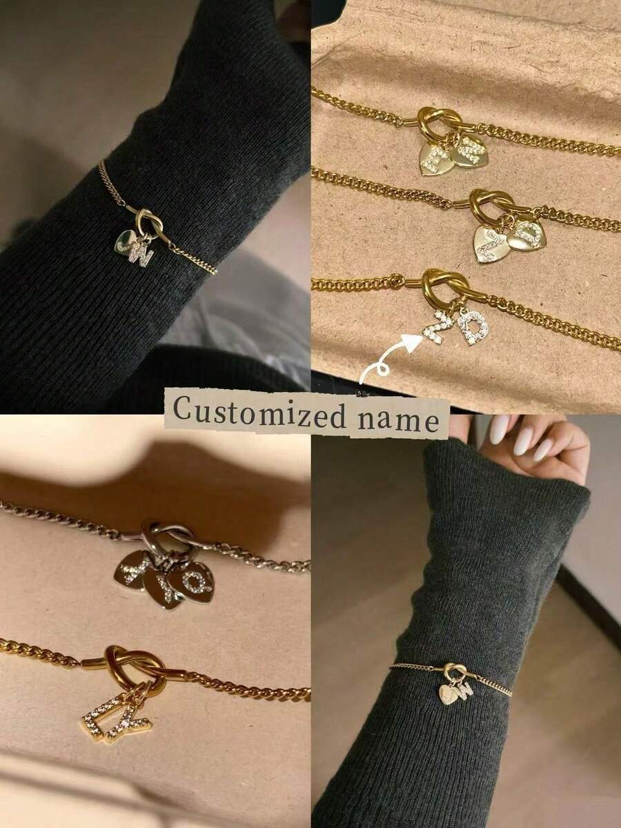 Vòng tay nút thắt tình yêu khắc tên/chữ cái tùy chỉnh, charm chữ đính đá Cubic Zirconia tinh tế, vòng tay dây xích tối giản, quà tặng sinh nhật/Valentine cho cô ấy - Nhiều màu - Xem 1