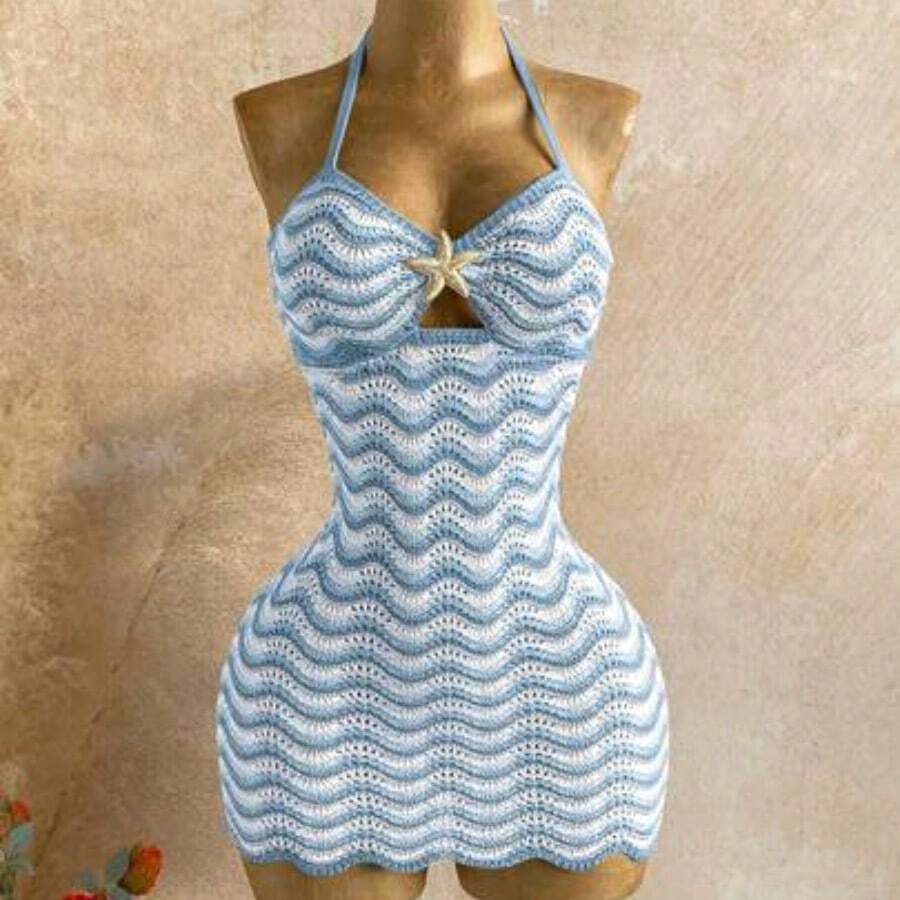Nana's Women's Clothing Store Vestido ajustado con tirantes finos, recortes y detalles metálicos con forma de estrella de mar. Vestido con espalda descubierta y atar para vacaciones, citas, tardes de té, festivales de música, estilo bohemio, playa y verano - Azul y blanco - Ver 1