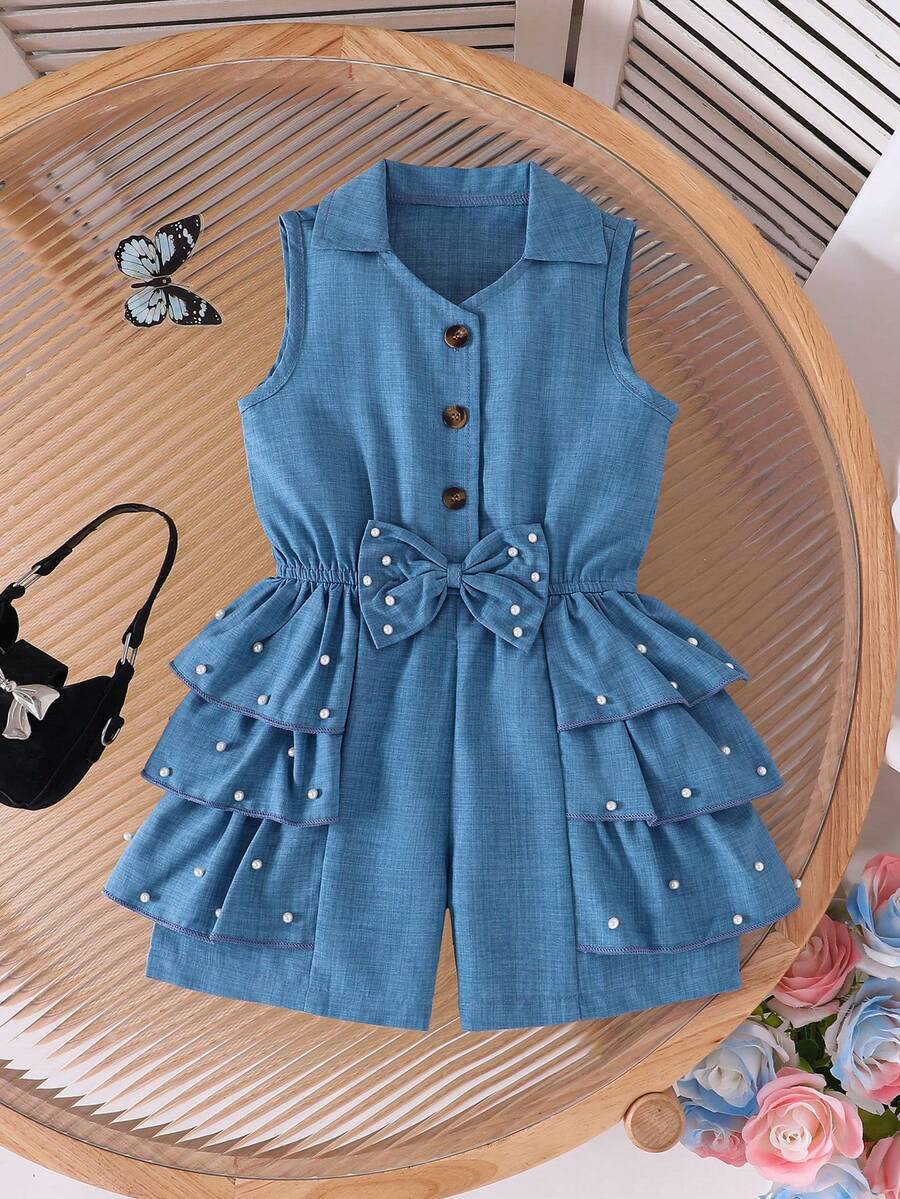 Young Girl' Ruffle Layered Romper, Sleeveless Bow Waist Belt + Pearl Beaded Design, Suitable For Formal Events, Parties, And Daily Wear - Blue - View 1