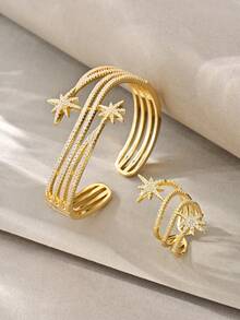 Gold Bracelet Set, Versatile Textured White Gold Copper Inlaid Zirconia, Suitable For Daily Wear, Gatherings, Dates, Parties, Gifts - Gold - View 8