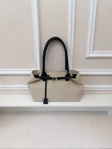 1pc Black Strap Decor Large Capacity Canvas Patchwork Tote Bag, Women Shoulder Bag - Black - View 5