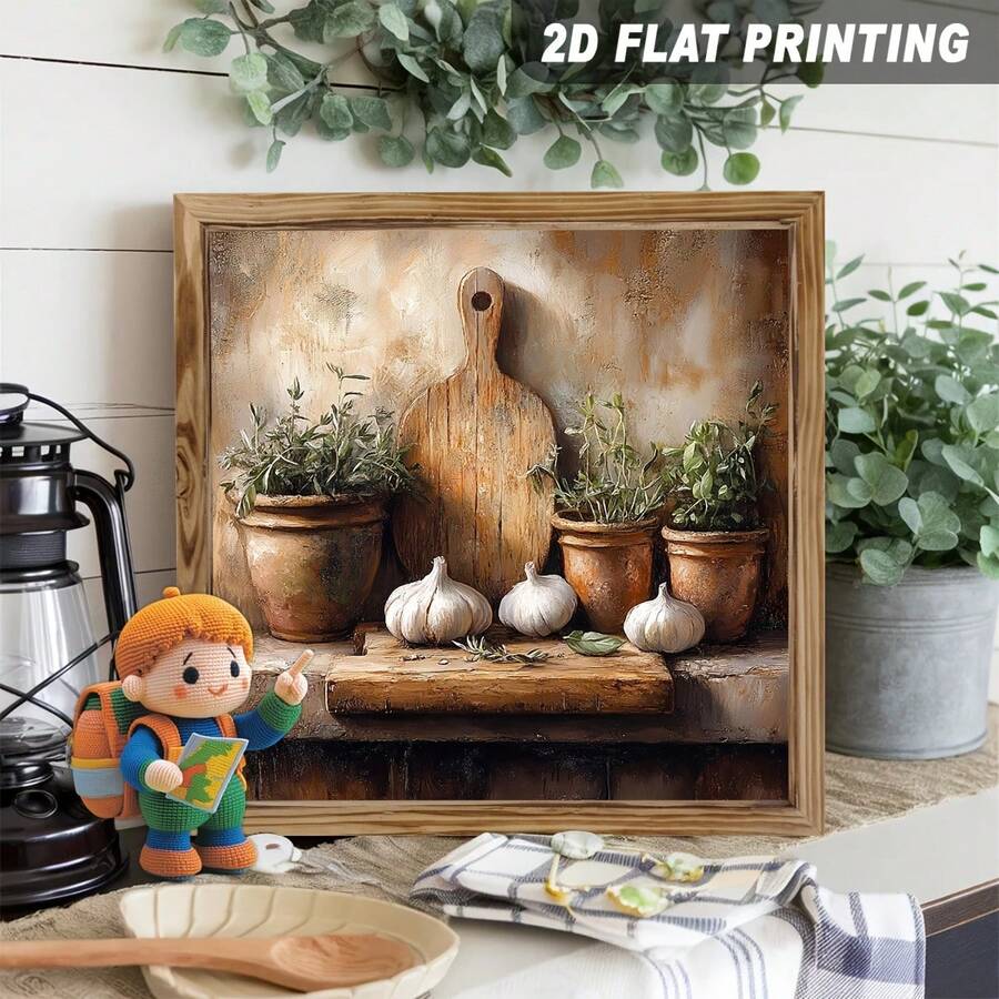 2D Flat, 1-Piece 2D Flat, Country Kitchen Still Life Painting With Garlic And Herbs In A Wooden Frame Sign, Vintage Wall Art, Farmhouse Style Decor For Kitchen, Dining Room, Home, Autumn Harvest, Spring Cooking, Cozy Living Space Decorative Signs And Panels, 8x8inch, 2D Flat