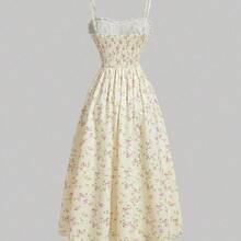 YijiaNvz  MOD Vestido de tirantes de mujer con estampado floral romántico amarillo, cuello en V y decoración de encaje plisado en el busto - Amarillo - Ver 3