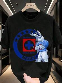 Blue And White Rabbit With Cruz Azul Logo Mexico One Piece, Men's Casual T-Shirt, 3 Colors Available, 100% Cotton, Soft And Comfortable, For Leisure And Sports Activities, Suitable For Daily Wear, Pairs Well With Men's Jeans. Gifts For Men In 2025, Men's T-Shirts, Men's Tops, Men's Sweatshirts. Loose And Comfortable LX7R - 黑色 - 查看 7
