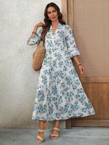 Faunlyn Vestido casual de mujer con estampado floral, cuello en V y mangas acampanadas para vacaciones - Multicolor 3 - Ver 8