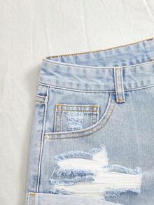 Distressed Rolled Hem Casual Denim Shorts For Summer - 輕洗 - 查看 5