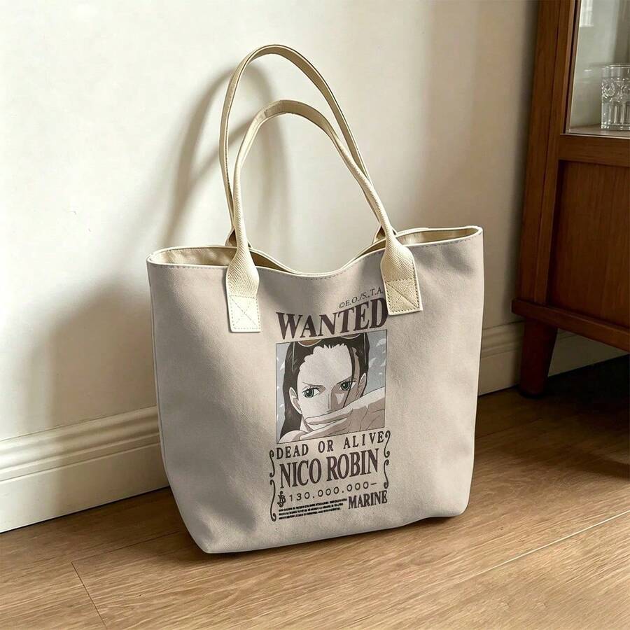 Miniso Túi tote vải canvas in hình "Nico Robin, Truy nã sống hay chết" trong One Piece, màu be, thích hợp sử dụng hàng ngày. - trắng - Xem 1