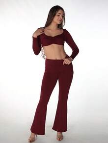 Conjunto de 2 piezas de top corto con cuello redondo y pantalones para mujer, elegante para primavera - Burdeos - Ver 3