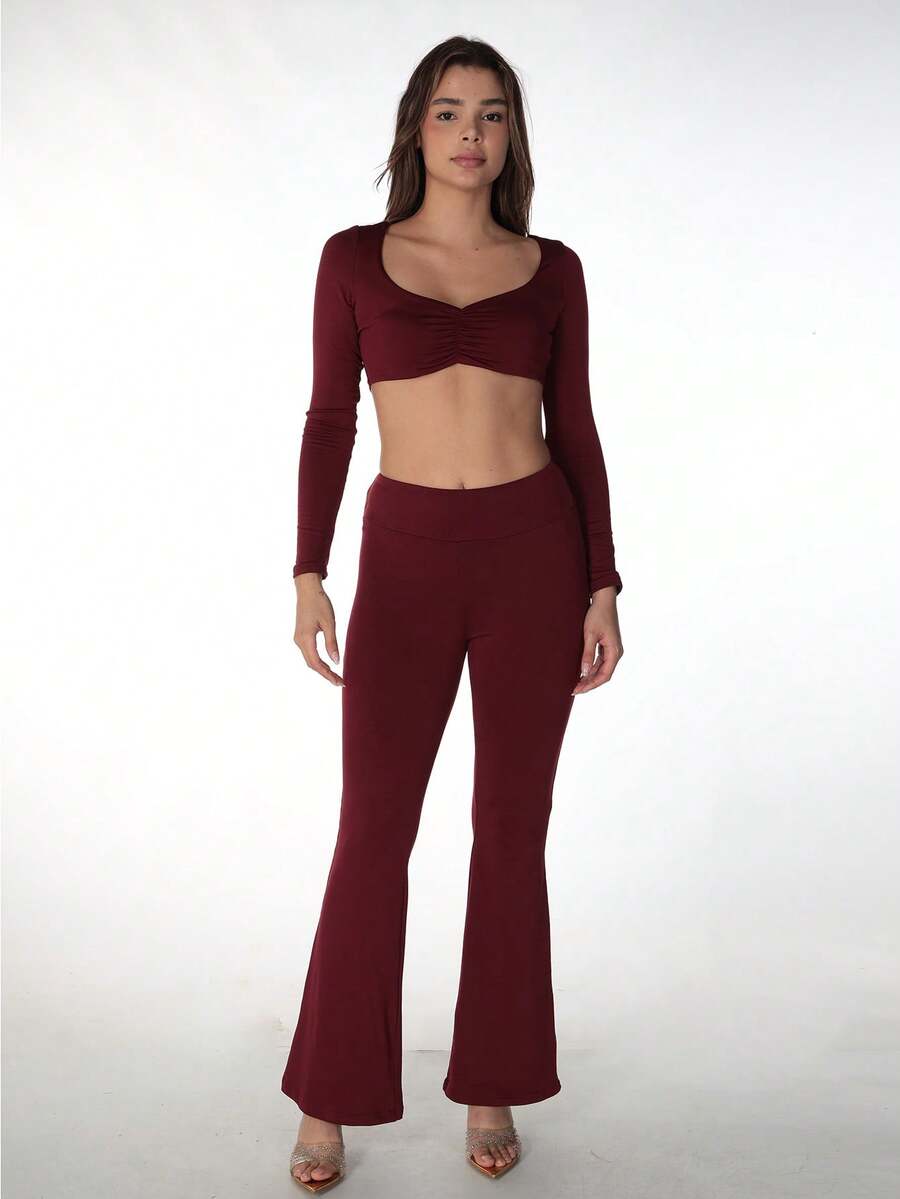 Conjunto de 2 piezas de top corto con cuello redondo y pantalones para mujer, elegante para primavera - Burdeos - Ver 1