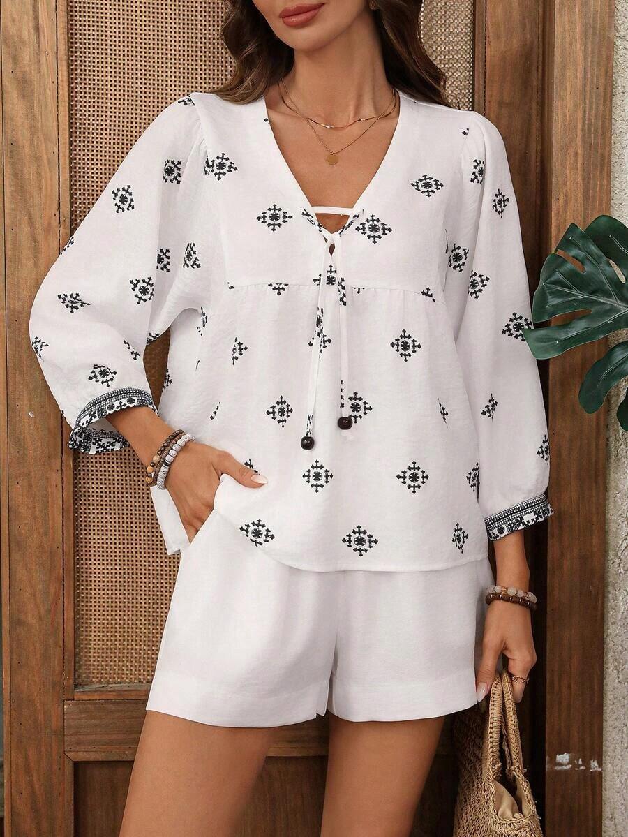 Conjunto de 2 piezas de camisa y pantalones cortos con estampado geométrico casual de vacaciones para mujer - Albaricoque - Ver 1