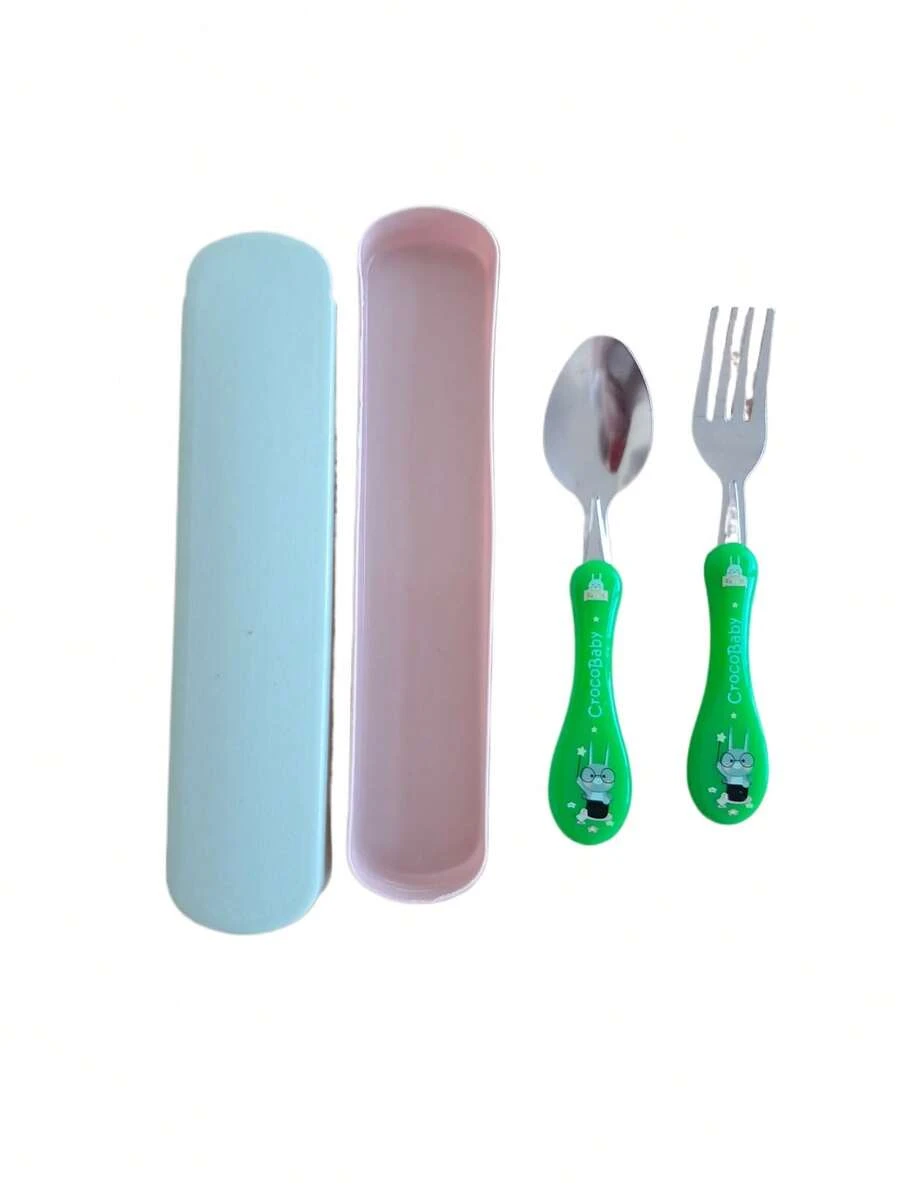 Kit de Talheres Infantil com Estojo, Garfo e Colher 2 Peças Lancheira Creche Viagem Escola Picnic Passeios Bolsa - 1 Pc Verde - Visão 1