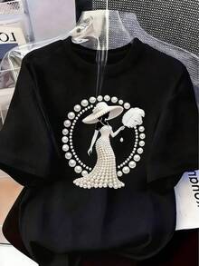 Women's T-Shirt Y2K With An Exclusive, Elegant, And Pearlescent Design, Ideal For Any Occasion. Comfortable And Modern, This Unique Piece Highlights Your Style And Personality, Perfect For Fans Of Mexican Fashion And Today's Trendsetters. 100% Cotton. - 黑色 - 查看 1