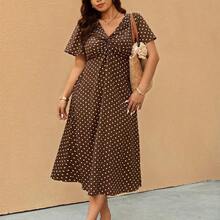 YijiaNvz Elaquor Vestido casual de vacaciones con estampado de lunares y nudo retorcido para tallas grandes - Negro01 - Ver 6