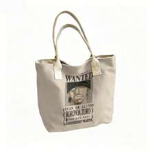 Miniso One Piece "Wanted Dead Or Alive Roronoa Zoro" Print Canvas Tote Bag, Beige Shoulder Bag For Daily Use - White - View 2