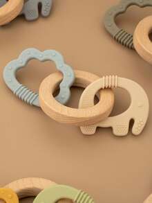 1pc Wooden Ring Silicone Baby Teether Toy, Newborn Chewing Toy, Easy-Grip Round Design - Multicolor - View 9