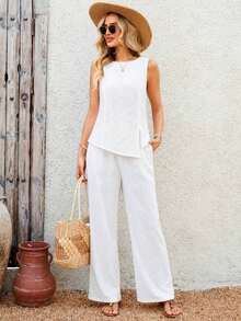 EMERY Conjunto de 2 piezas de top de tirantes y pantalones de unicolor casual de verano para mujer - Blanco - Ver 7