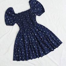 Unity Vestido mini de mujer con mangas de farol con volantes en capas y estampado floral diminuto sobre base azul marino - Azul marino - Ver 2