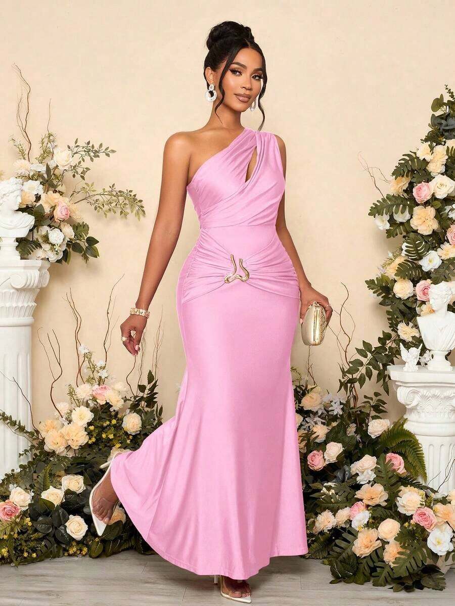 xheSOLERSUN Vestido largo de mujer tipo maxi, de unicolor, de silueta ajustada, con cuello asimétrico hueco y decorado con metalxhe - Rosa - Ver 1