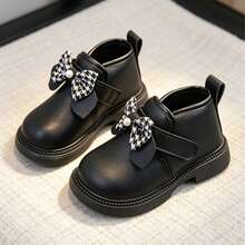 1 Pair Toddler Girls' Houndstooth Bow & Pearl Decor Black Ankle Boots, Non-Thermal Lining Suitable For Autumn/Winter, Soft Sole Comfortable Hook And Loop Easy On/Off, Suitable For Baby Birthday, Party, Daily Outings - Black - View 4