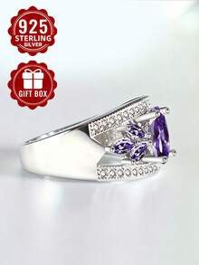 1pc 925 Sterling Silver Ring, Inlaid With Purple Synthetic Zirconia, Size 6-10, Suitable For Daily Wear, Comes With Gift Box - Silver - View 8