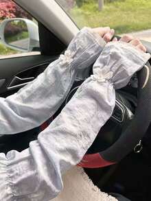 1 Paar süße, locker sitzende Puff-Langarm-Überzüge, Sommer-Sonnenschutz-Armstulpen für Frauen, atmungsaktiv, weich mit Spitzenbesatz, Perlen-Gänseblümchen-Dekor Handschuhe, geeignet für den täglichen Gebrauch, Outdoor, Autofahren, Sport und Urlaub zum Armschutz - mehrfarbig - Übersicht 2