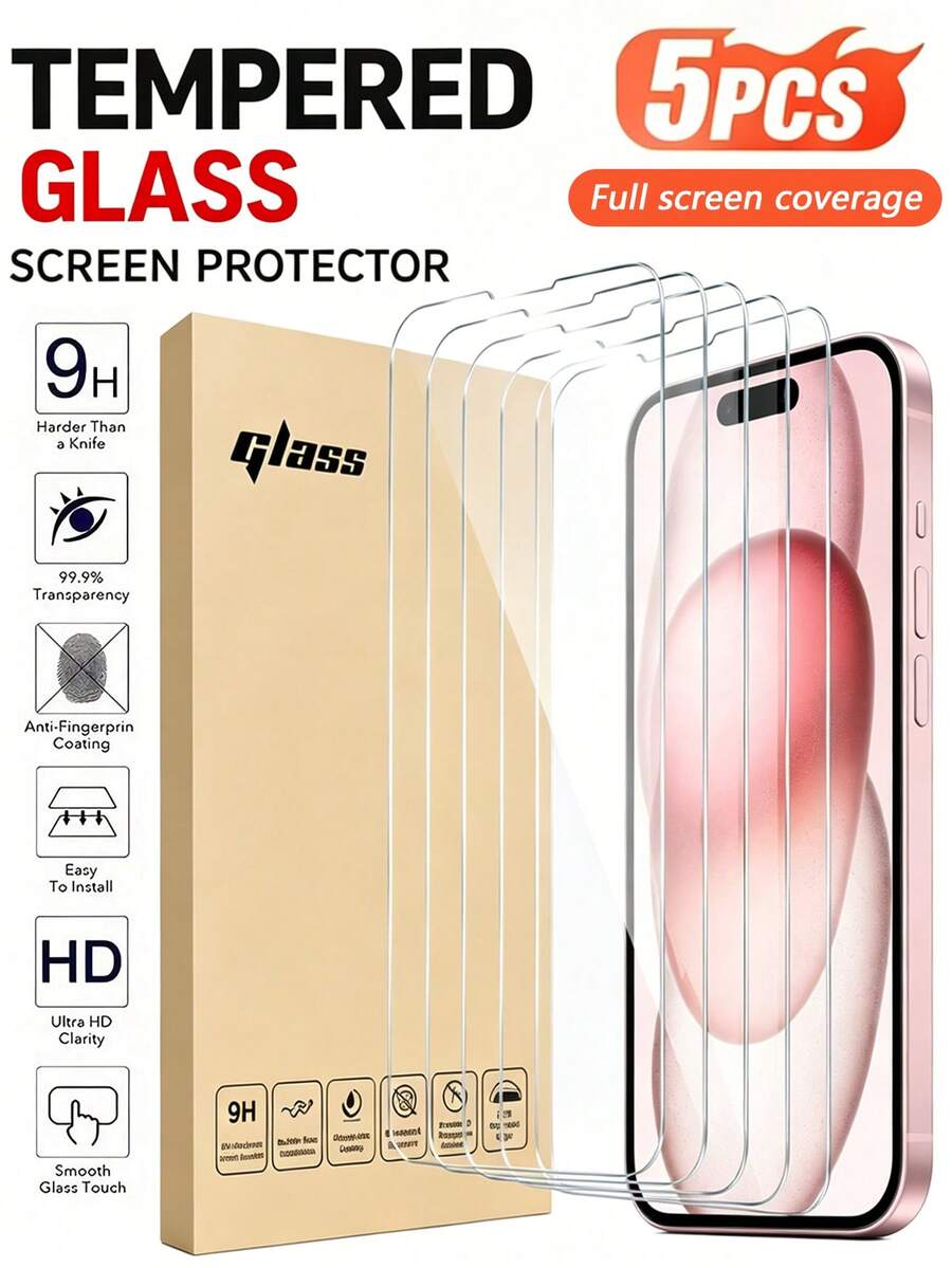 5片裝強化玻璃螢幕保護貼，相容 iPhone 17 Pro Max、17 Air、16、16 Plus、16 Pro、16 Pro Max、15、14、13、12、11 Pro Max、X、XS、XR、Mini、14 Plus，高清防刮防摔防水防指紋，母親節週年紀念禮物