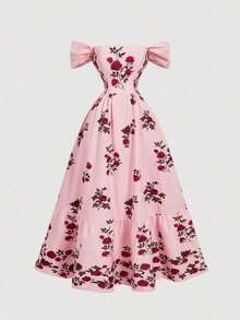 xheSHEIN MOD Vestido largo con estampado floral elegante y hombros descubiertos, adecuado para fiestasxhe - Rosa - Ver 1