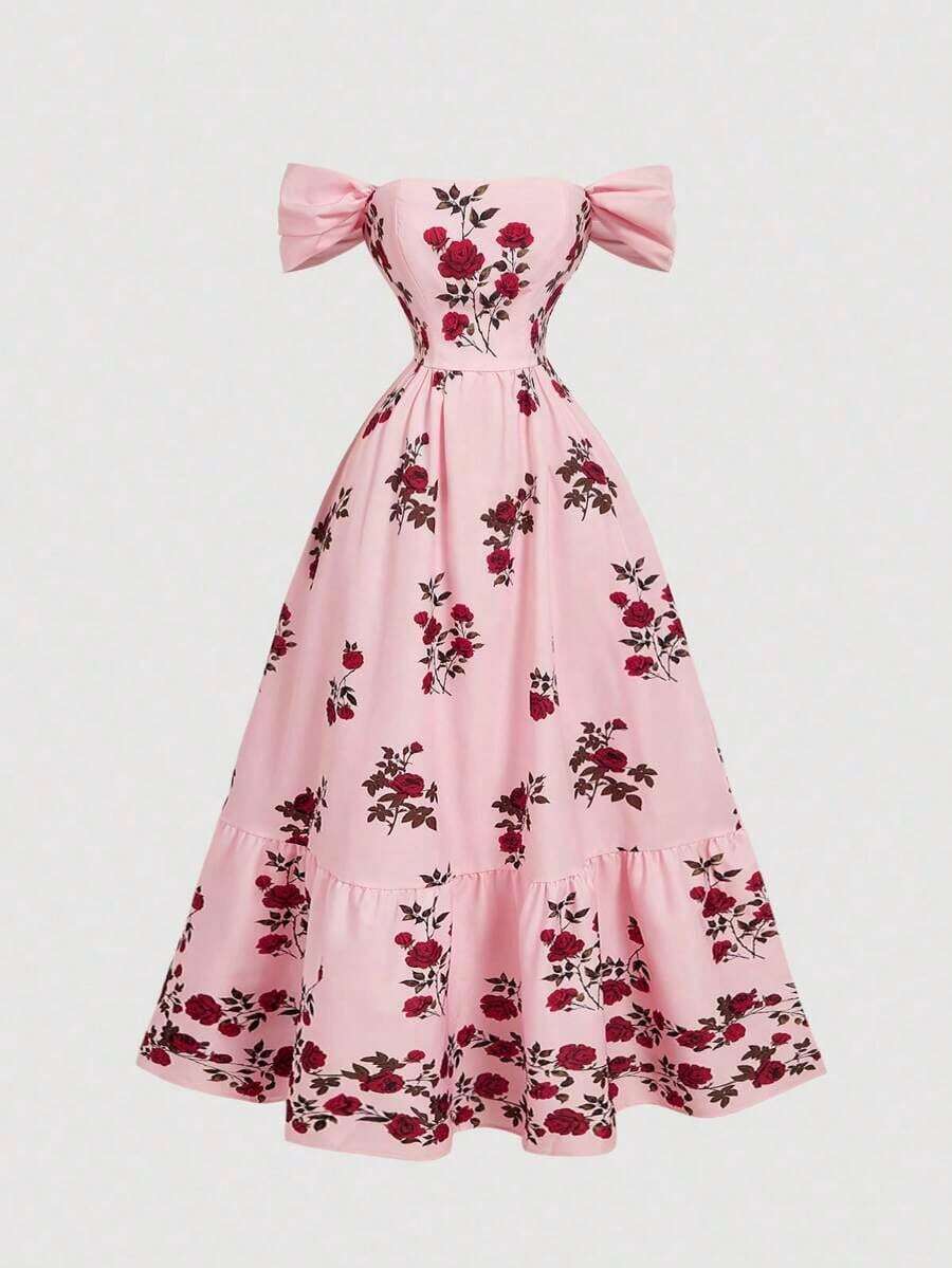 xheSHEIN MOD Vestido largo con estampado floral elegante y hombros descubiertos, adecuado para fiestasxhe - Rosa - Ver 1