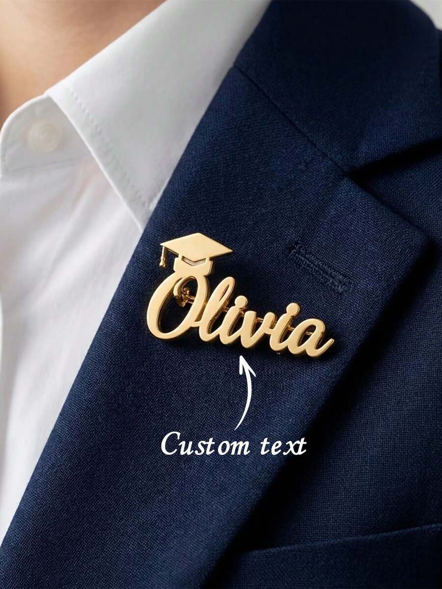 1pc Customized Name Lapel Pin, Personalized Stainless Steel Graduation Cap Brooch, Waterproof, Rust-Proof, Corrosion-Resistant, Suitable For Daily Wear And Important Occasions, Unisex, Graduation Gift For Friends And Couples, Creative DIY Custom Personalized Fashion Minimalist Birthday Gift - Multicolor - View 1