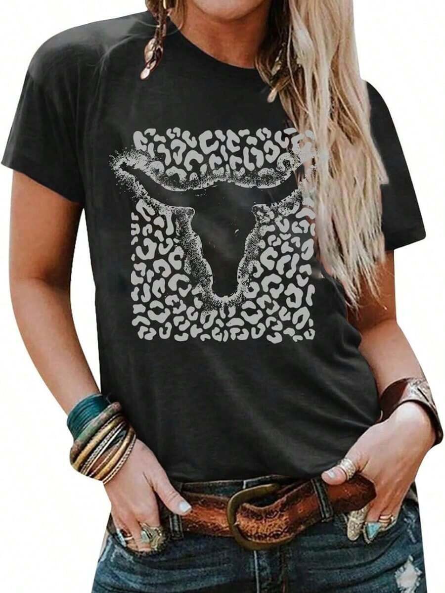 200GSM% AlgodónCamisetas Western para mujer con diseño gráfico vintage de cráneo de vaca, camisetas de vaquera casuales de manga corta HOXZ - Negro - Ver 1