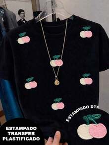 Playera con diseño de cerezas bicolor, estilo bordado pero es estampado, frutas, casual, moderno, cuello redondo, manga corta, ideal para todos los días, llamativa, holgada, a la moda, ideal para tí. Dulce y refrescante, para adolescentes, unisex. - Negro - Ver 8