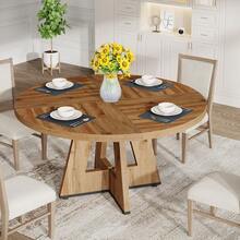 Round Dining Table Suitable For 4 People - 119.38 Cm Retro Base & Engineered Wood Tabletop, Multi-Functional Kitchen Table For Dining Room, Conference Desk, Office Desk, Space-Saving For Small Homes, Assembly - Wood - View 9