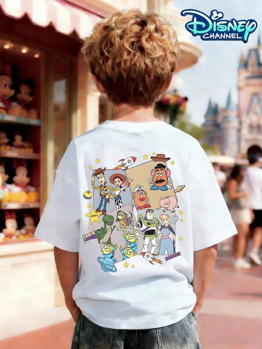 This Boys' T-Shirt Features A Disney *Toy Story* Character Collage Print, With A Short-Sleeve Design Showcasing Woody And Buzz Lightyear Graphics On The Back-Making It The Perfect Choice For Theme Park Visits And Family Vacations. - 白色 - 查看 1