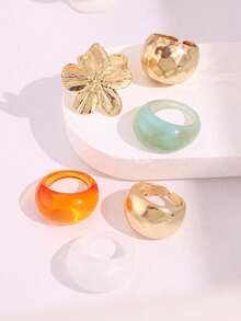 6pcs/Set Vintage Luxury Multi-Functional Exquisite Elegant Unique Geometric Resin Extra Large Flower Ring Set, Hibiscus Rings, Women's Thick Metal Gold Cocktail Rings, Suitable For Daily And Party Decoration, Gift Jewelry Set - Multicolor - View 4