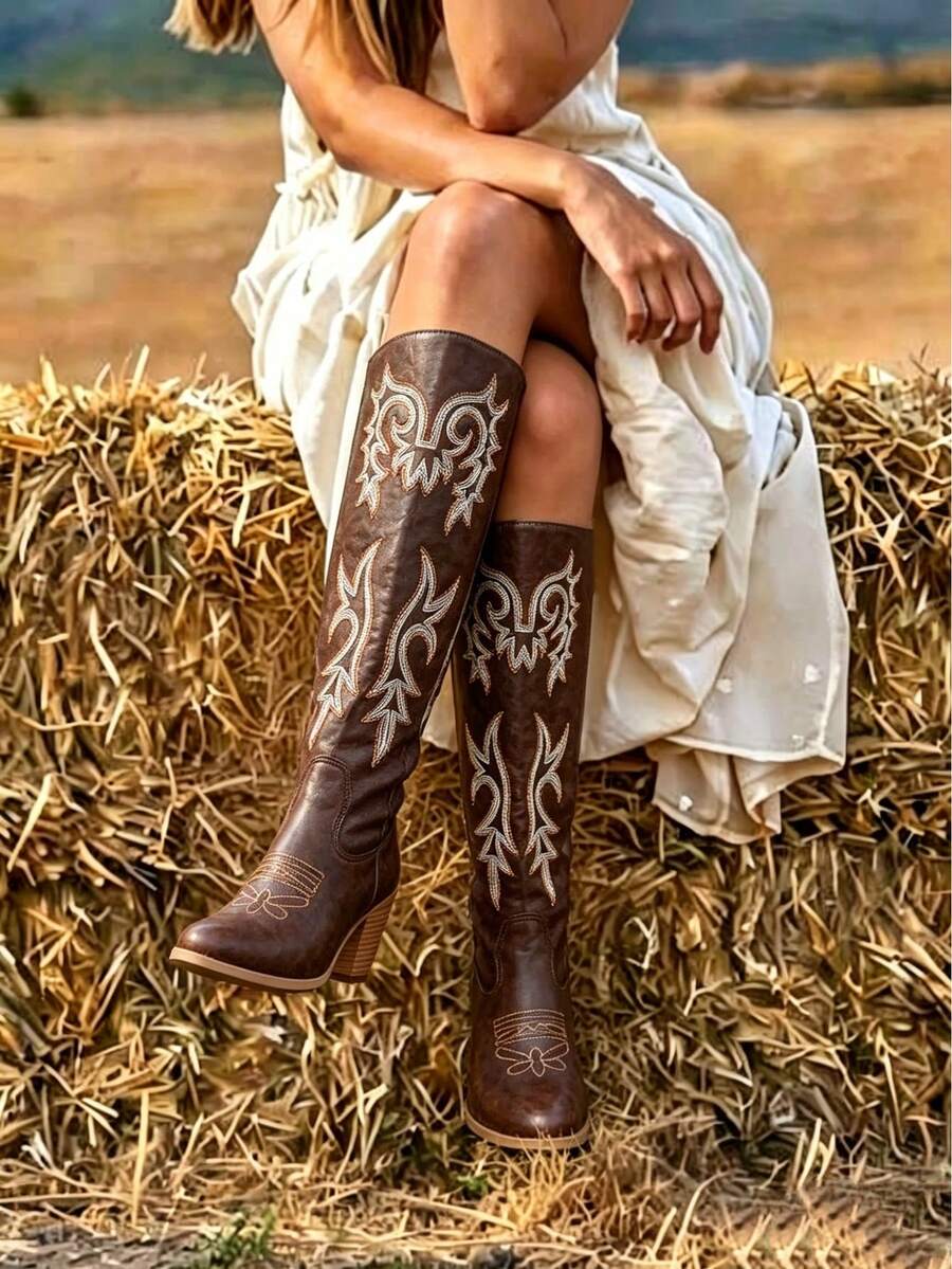 2026 New Vintage Western Cowboy Boots For Women, Brown Color, Square Toe, Embroidered, Chunky High Heel, Pull-On, Slip-Resistant & Durable Sole, Suitable For Daily, Festival, Ranch, Rodeo, Party, Street Fashion - Coffee Brown - View 1