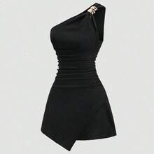 guang zhou mi qian shang mao  Vestido elegante y versátil para ir al trabajo, con cuello asimétrico, textura de tela plisada y abotonado, con estilo Y2K sexy - Burdeos - Ver 2