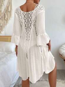 Swim Vcay Vestido cover up de croché en contraste de manga con volante - Blanco - Ver 2