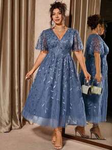 Cravure Vestido elegante de fiesta rojo de talla grande con cuello en V, malla y volantes con lentejuelas en el bajo - Celeste - Ver 6