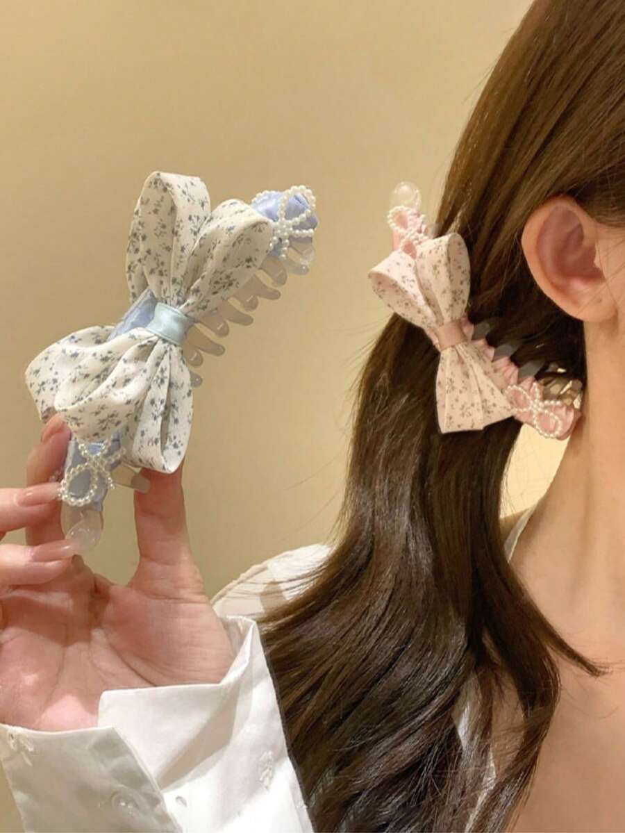 1個珍珠花朵蝴蝶結香蕉髮夾,可愛馬尾飾品,適合日常佩戴,髮夾、髮爪 - 彩色 - 查看 1